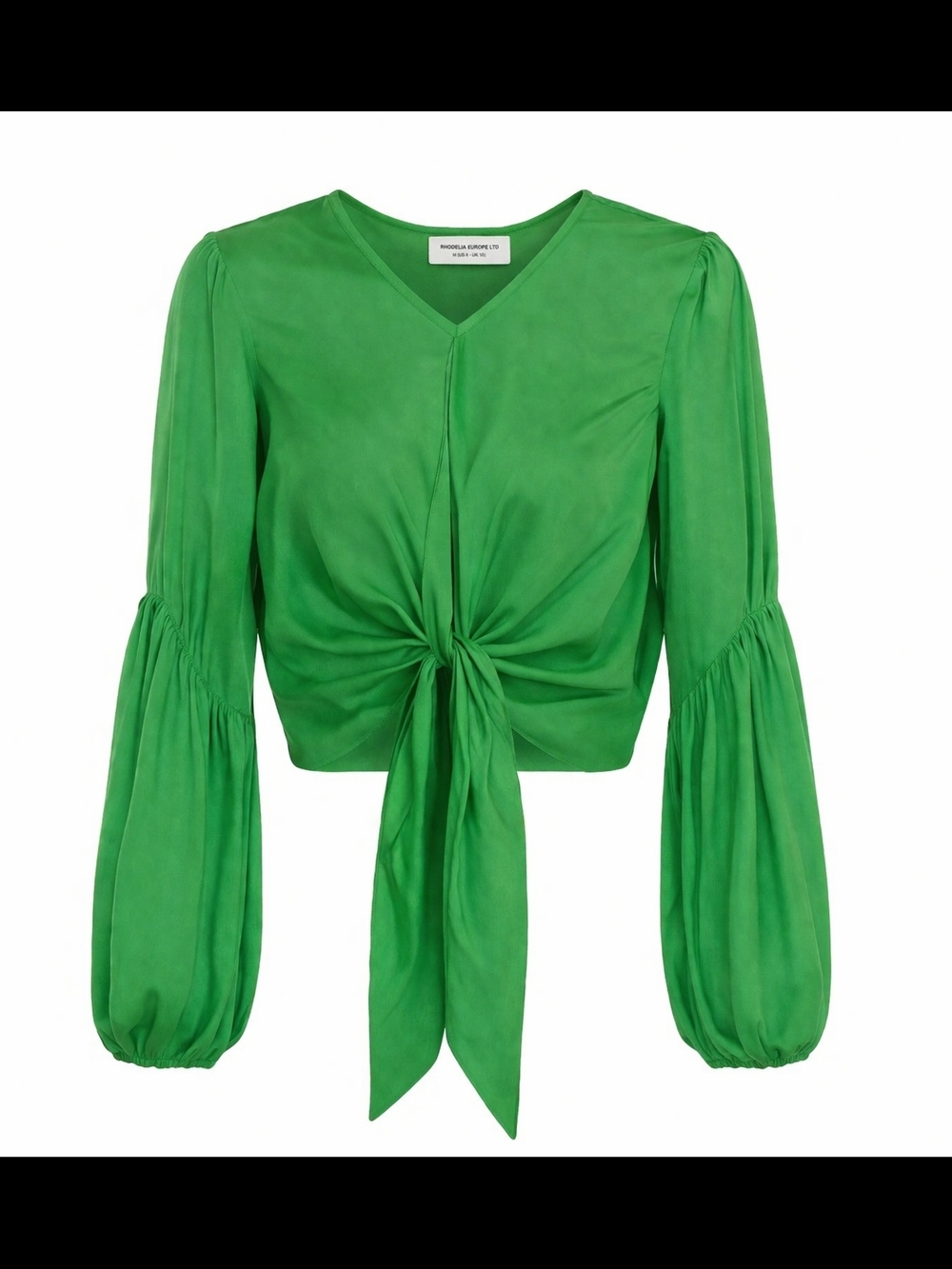 Amanda Uprichard Silk Tie Front Blouse Green Balloon Sleeve Crop Top S Chic